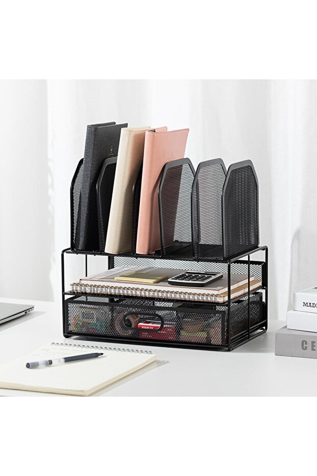 Mesh Desk Organizer with Sliding Drawer, Double Tray and 5 Vertical Sections, Black - 5