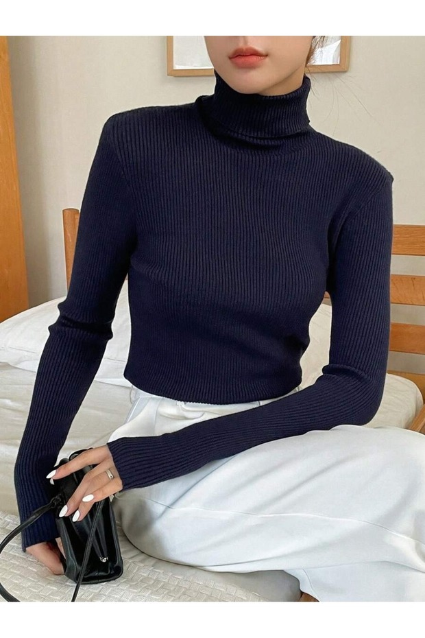 Kadın Uzun Kollu Boğazlı Fitilli Basic Bluz - 2