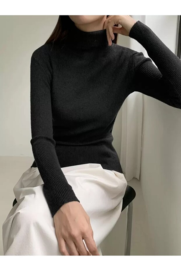 Kadın Uzun Kollu Boğazlı Fitilli Basic Bluz - 5