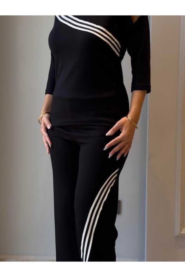New Season Women's One-Shoulder Ribbed Viscose Two-Piece Set with Cross Stripe Detail