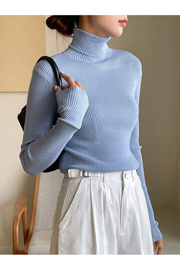 Kadın Uzun Kollu Boğazlı Fitilli Basic Bluz - 2