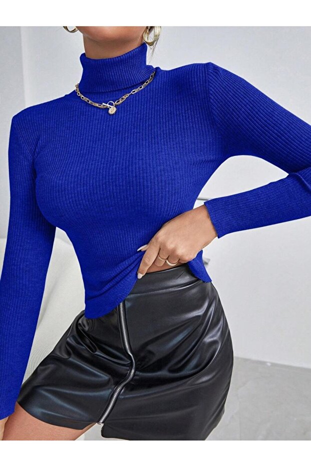 Pulover de damă albastru cu mânecă lungă material reiat basic - 1