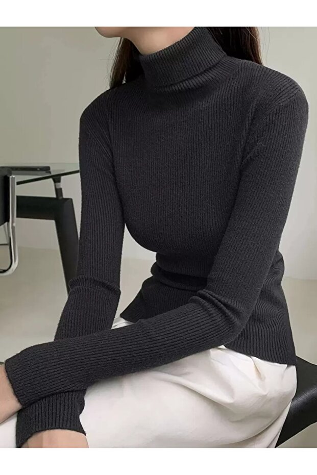 Kadın Uzun Kollu Boğazlı Fitilli Basic Bluz - 1