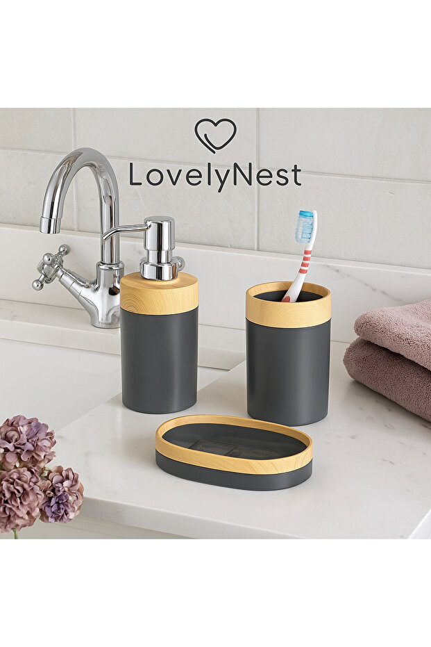 Bambu Görünümlü 3’lü Banyo Seti