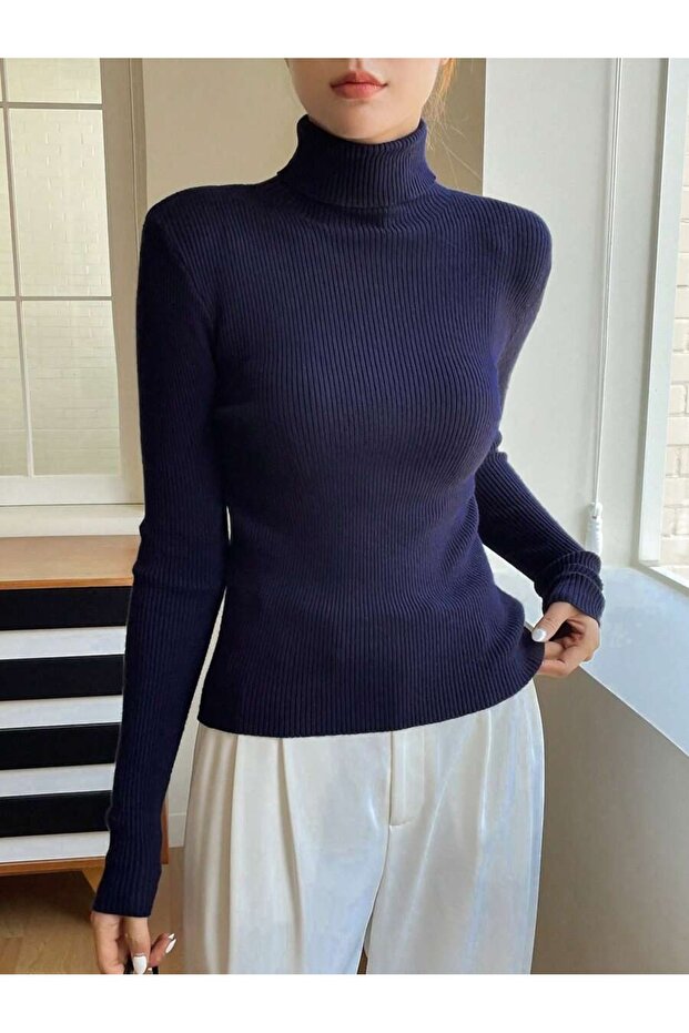 Kadın Uzun Kollu Boğazlı Fitilli Basic Bluz - 1