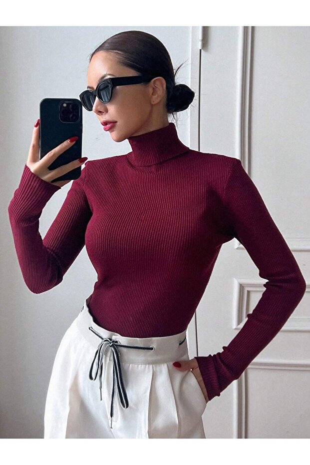 Kadın Uzun Kollu Boğazlı Fitilli Basic Bluz - 3