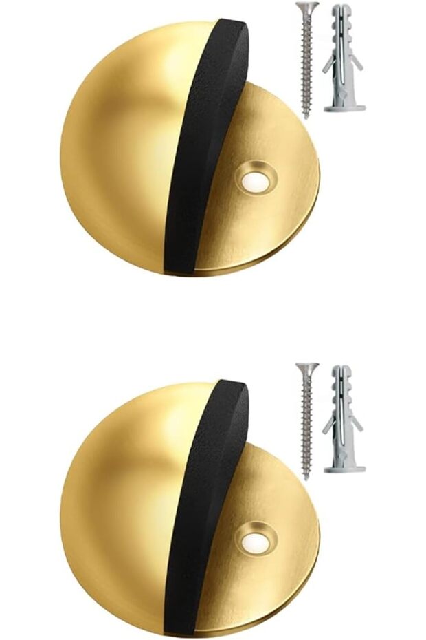 Stainless Steel Floor Door Stopper, Polished Oval Half Moon, Rubber Bumper, 2-Pack, Gold