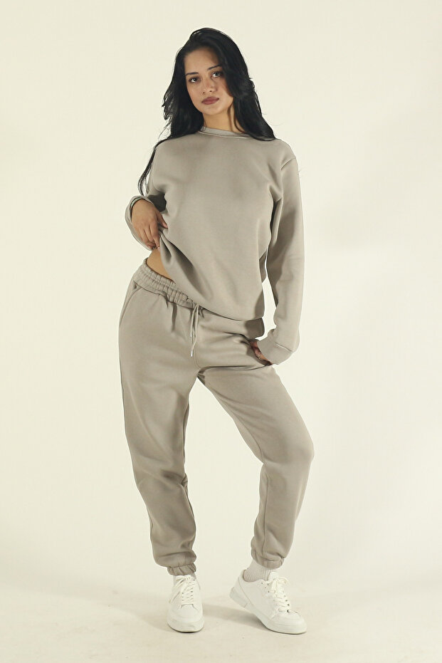 Women's Stone Winter Cotton Puff Fabric Crew Neck Jogger Tracksuit Set