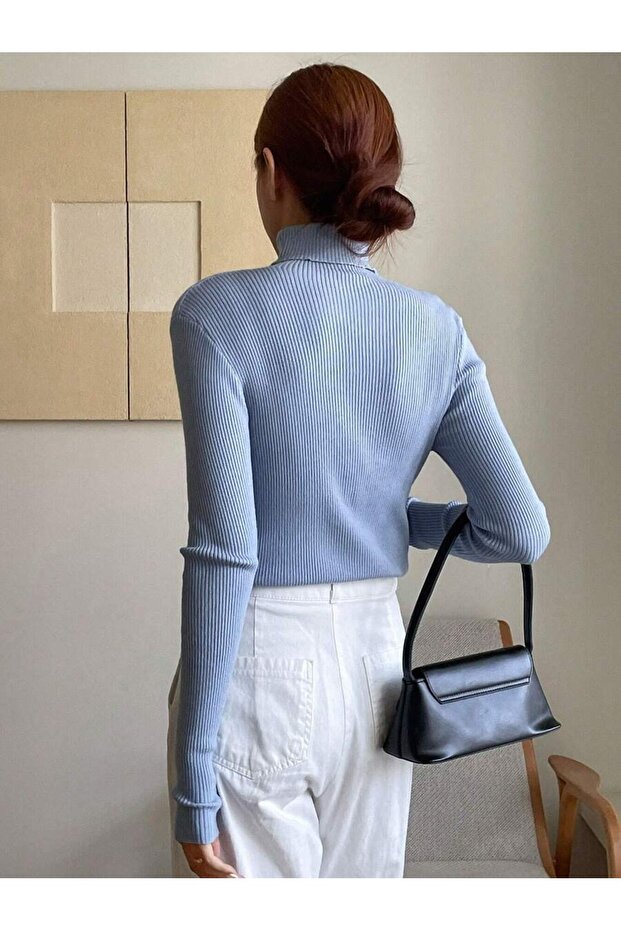 Kadın Uzun Kollu Boğazlı Fitilli Basic Bluz - 3