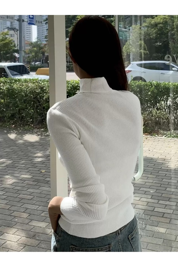 Kadın Uzun Kollu Boğazlı Fitilli Basic Bluz - 4