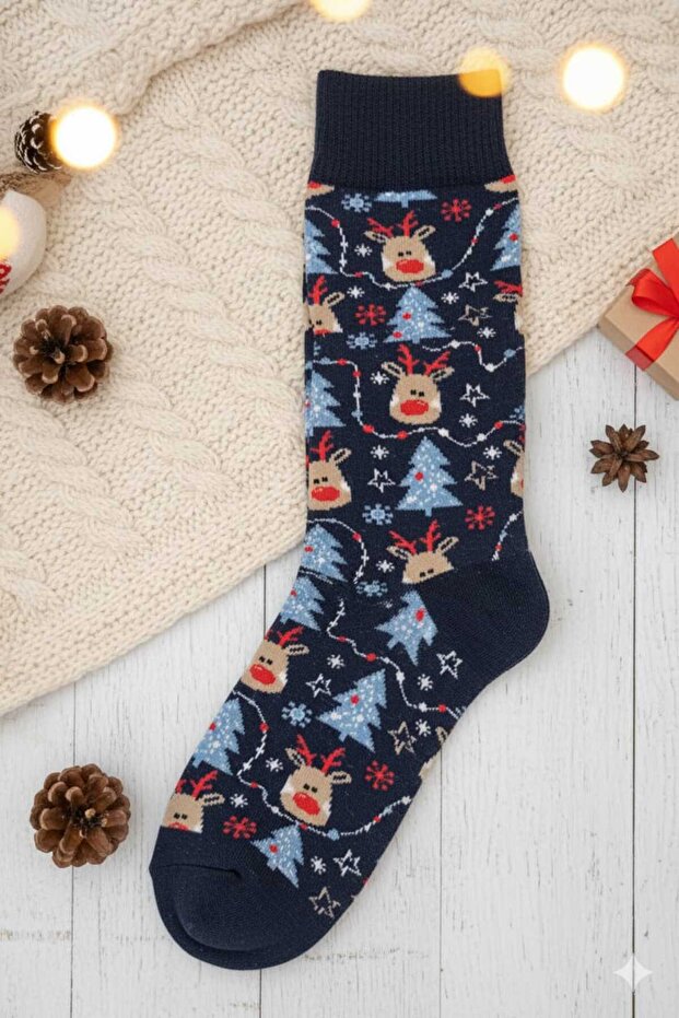 Unisex Christmas Socks Navy Blue Cotton