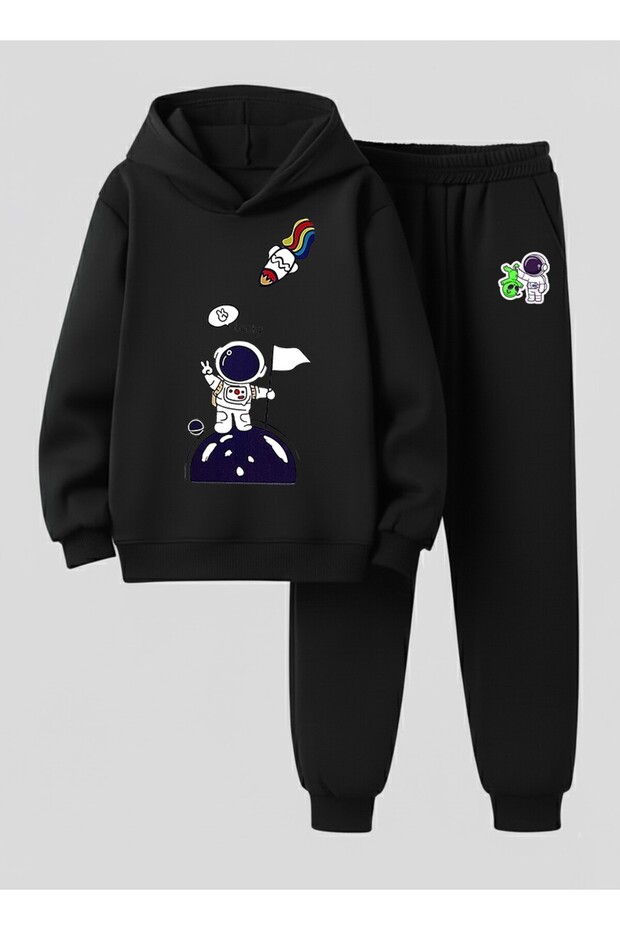 Children Hooded Set Lucky Astronot Printed 3 Thread Ş Fleece-Lined Sweatshirt - Sweatpants Set