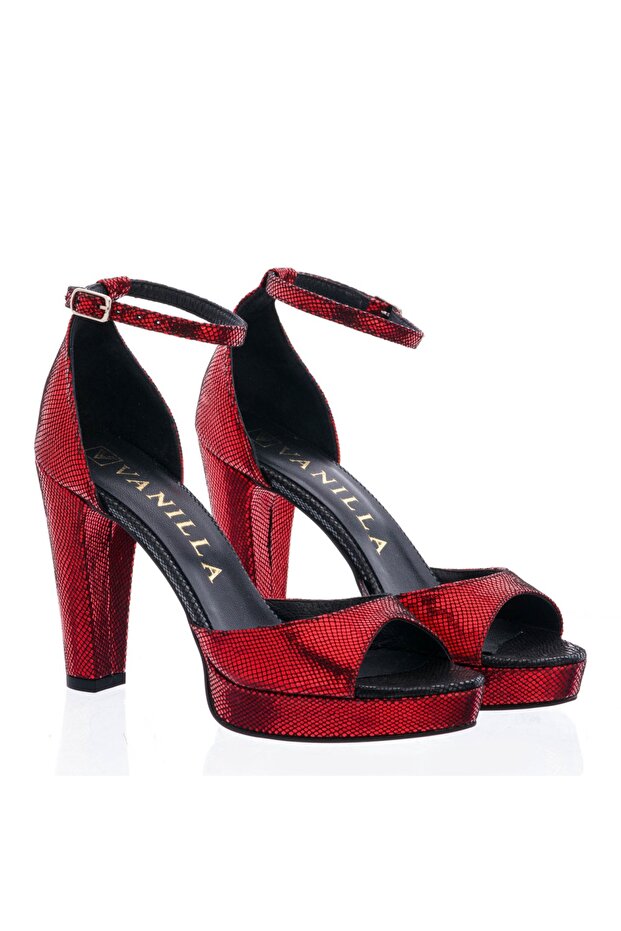 Oslo Red Reptile-Print Block Heel Sandals with Low Platform - 1