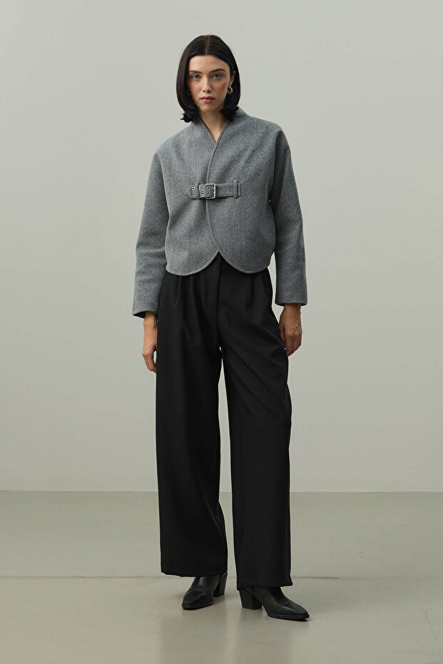 Belt Detailed Cashmere Jacket Gray