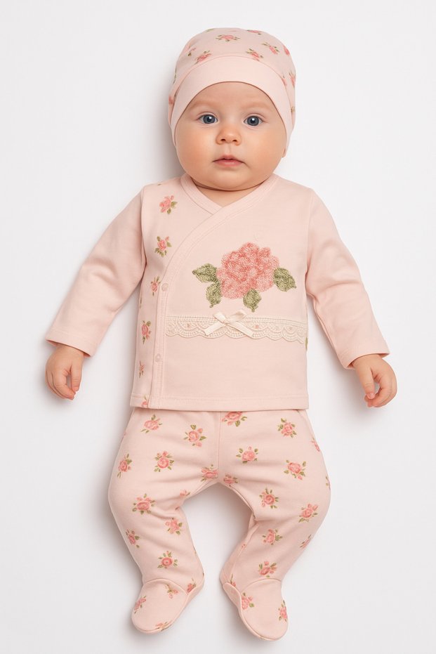 Baby Girl Powder Pink Floral Patterned Lace 3-Piece Set – Elegant and Soft Cotton Fabric 0883-0-3 Month