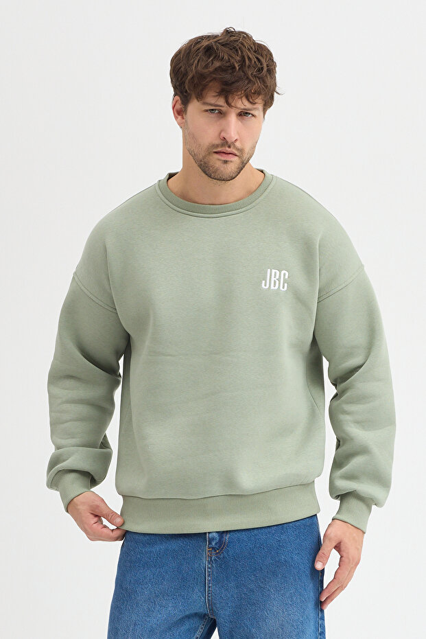 Bisiklet Yaka Nakışlı Oversize Şardonlu Basic Erkek Sweatshirt - 5