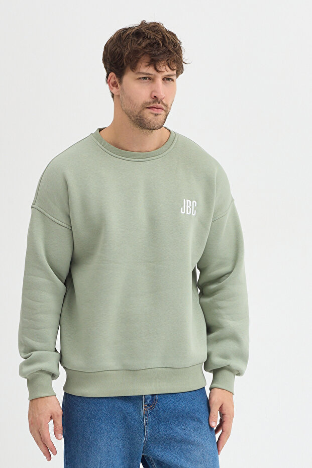 Bisiklet Yaka Nakışlı Oversize Şardonlu Basic Erkek Sweatshirt - 2