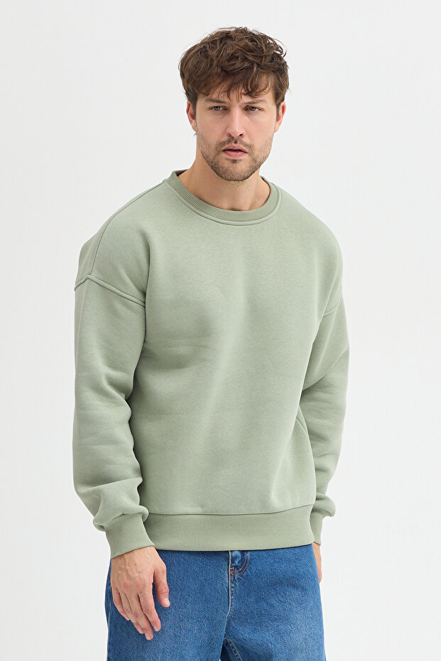 Bisiklet Yaka Oversize Şardonlu Basic Erkek Sweatshirt - 1
