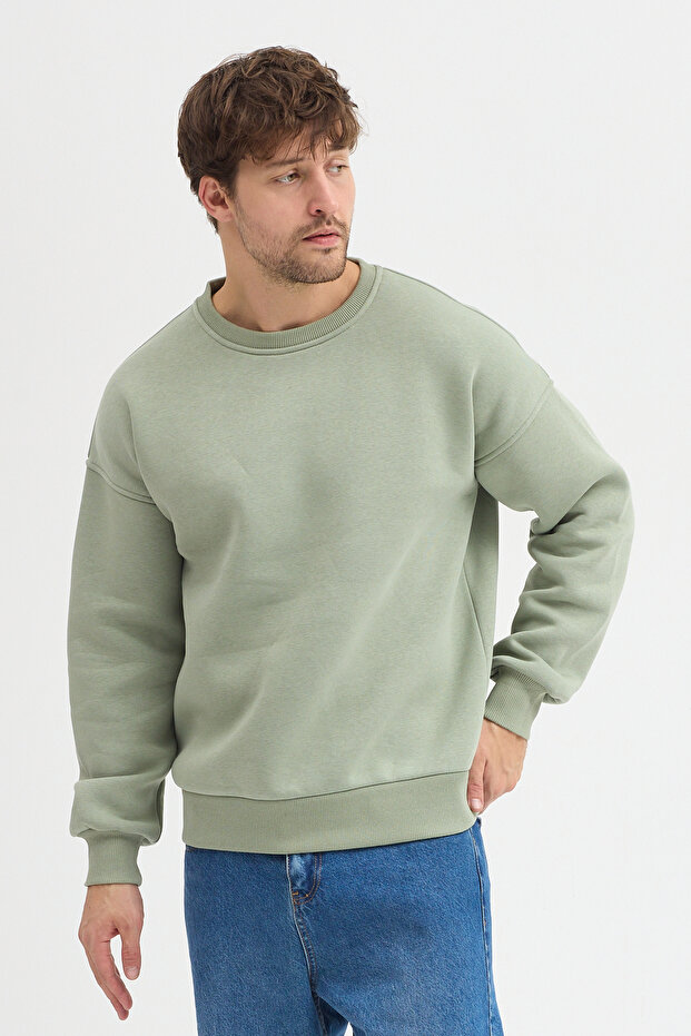 Bisiklet Yaka Oversize Şardonlu Basic Erkek Sweatshirt - 2