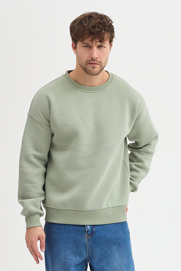 Bisiklet Yaka Oversize Şardonlu Basic Erkek Sweatshirt - 4