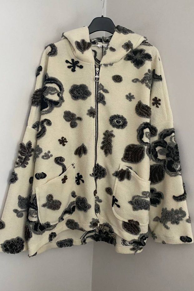 Women's Italian Ecru Hooded Embossed Floral Patterned Wool Short Coat with Pockets and Zipper