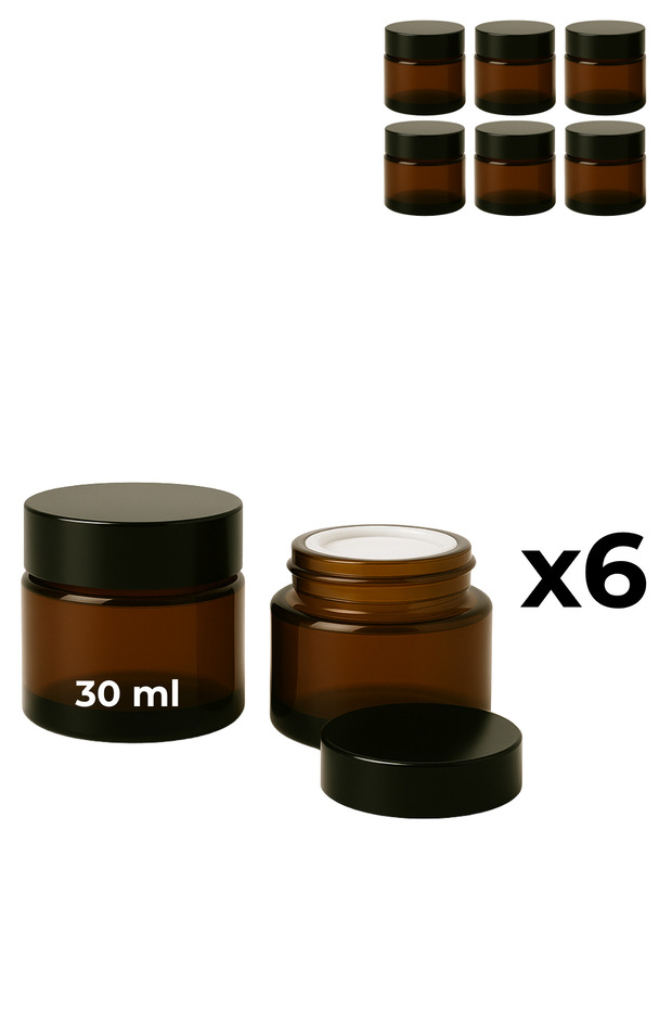 6-Pack of 30 ml Amber Glass Cream Jars + Black Lid