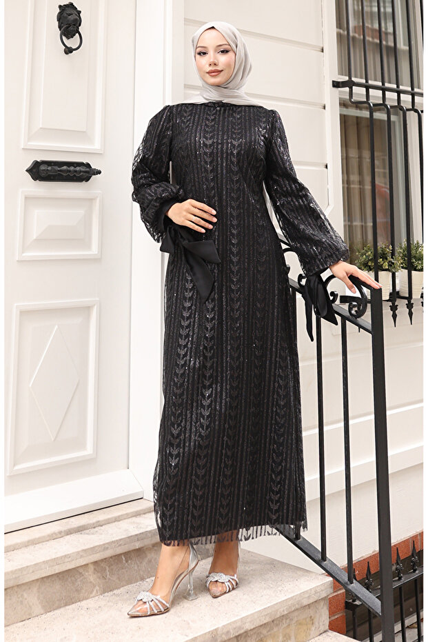 Leaf Patterned Glitter Coated Evening Dress 5612-01 Black