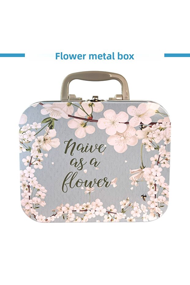 Fl-44 Flower Metal Box | Storage Box with Handle, Floral Pattern Metal Organizer 20.5X17X6.5 cm