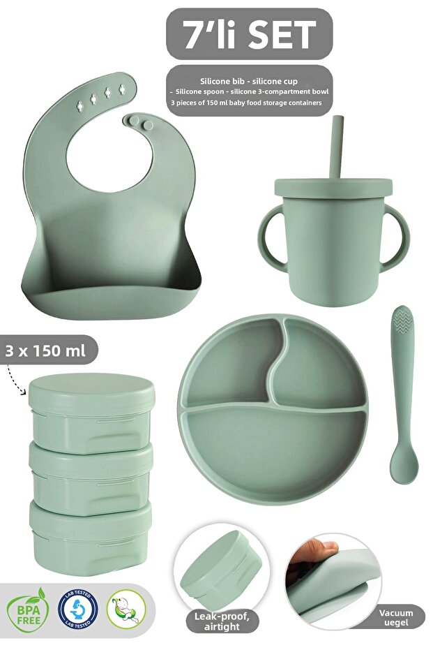 7-Piece Feeding Set - Silicone Bib, Straw Cup, Vacuum Plate, Spoon, Snack Container, Green