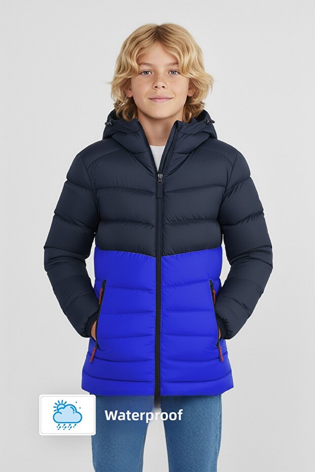Boy's Cobalt Blue-Navy Blue Windproof Water Resistant Hooded Sports Coat