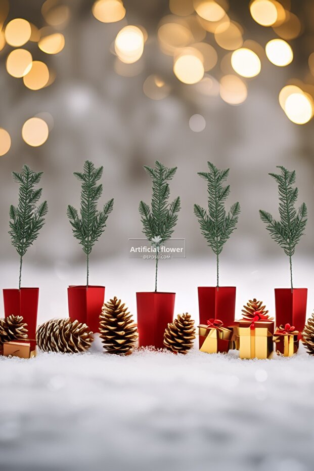 5-Piece New Year Decoration Artificial Pine Branch 26 cm