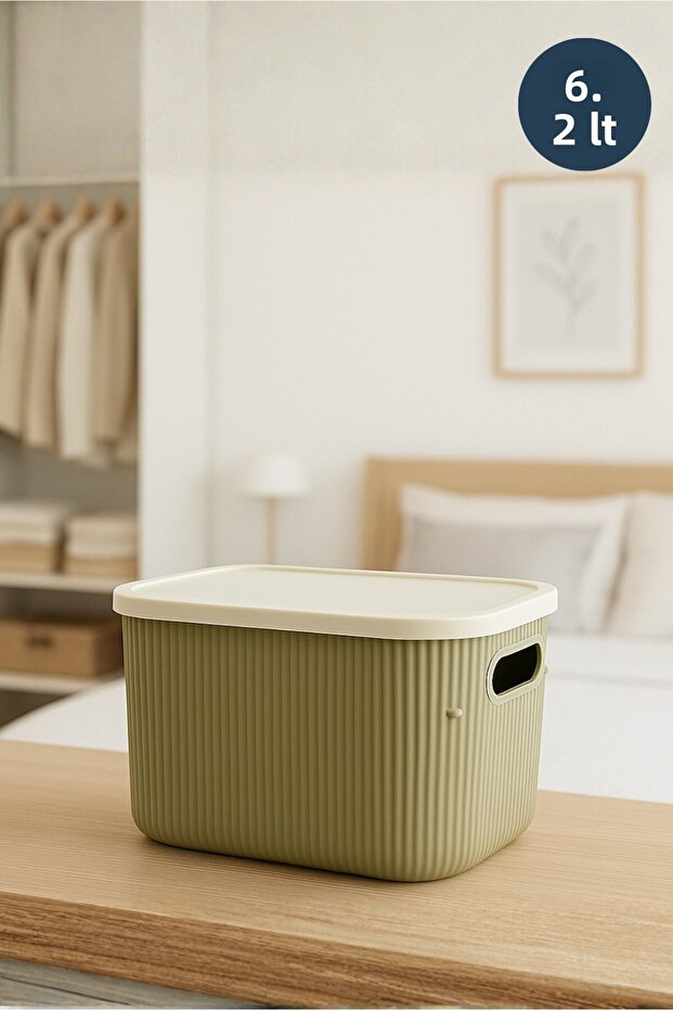 Soft Green Ecru Multi-Purpose Organizer Box with Lid 6.2Lt - 1