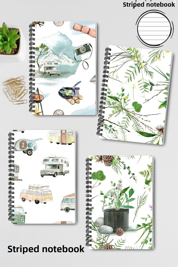 Nature and Camping Themed Design Wire Spiral A5 Lined 4-Piece Souvenir, Memory, School Notebook Set