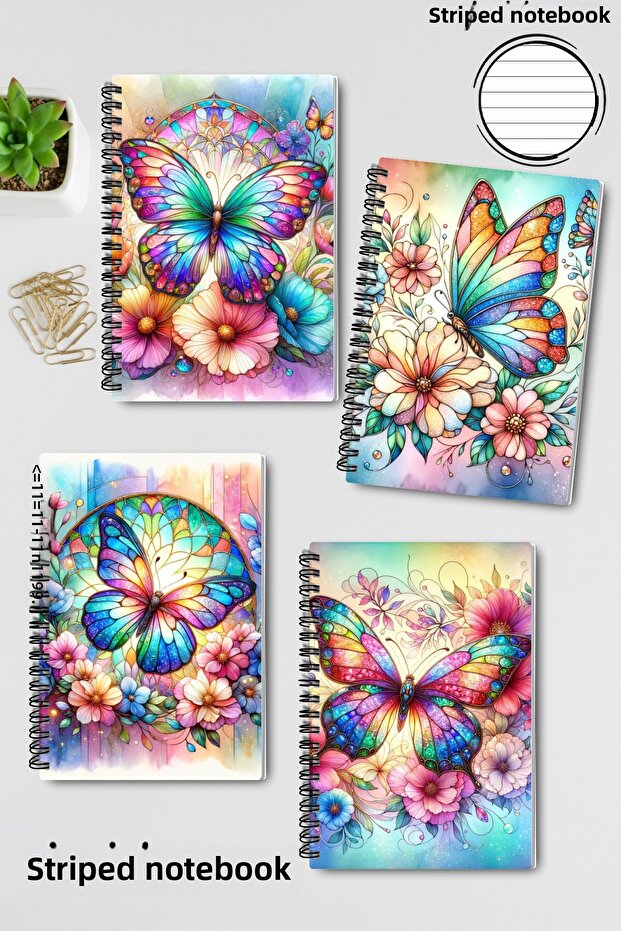 Colorful Butterfly Design Wire Spiral A5 Lined 4-Piece Souvenir, Memory, School Notebook Set