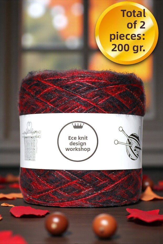 Between Red and Black Angora, Bitter Coffee Viscose - Gold Glitter Wrapped Design Knitting Yarn (200 Gr.)