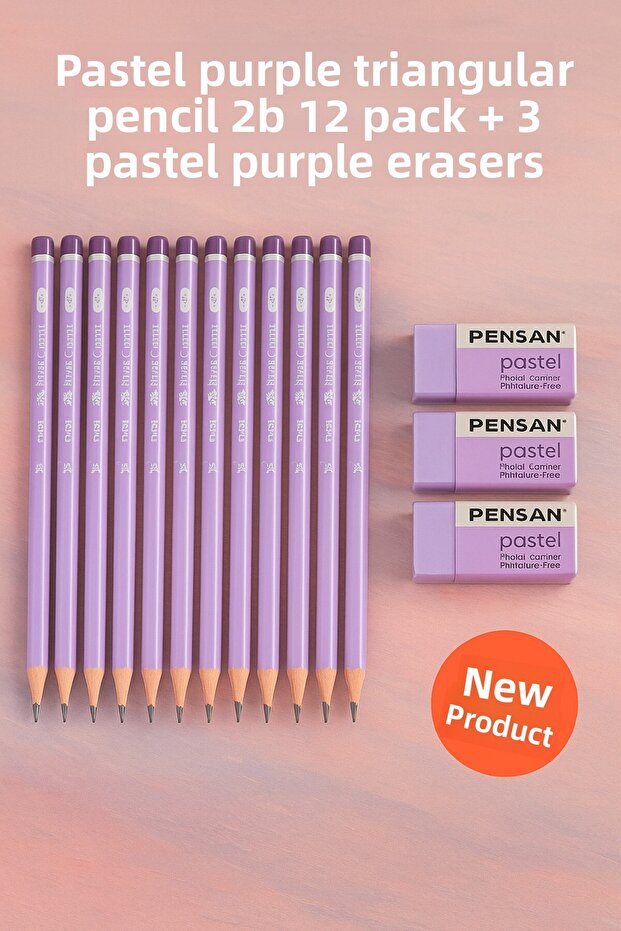 Pastel Purple Coral Pencil 2B Triangle 12Pcs + 3 Pastel Purple Erasers