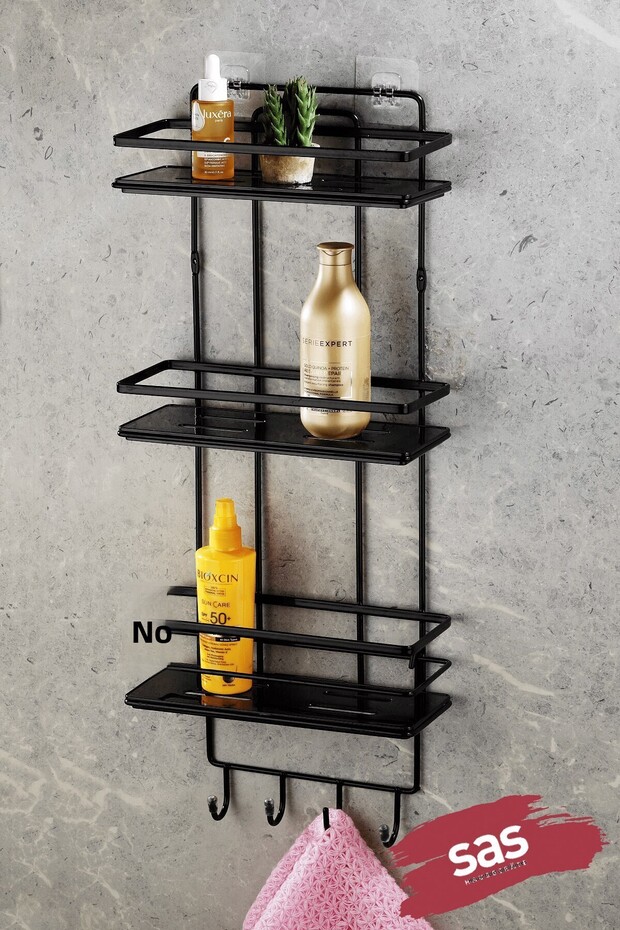 3-Tier Adhesive Bathroom Shower Shelf with Hooks – Adjustable Crystal Shelf (Stick-On/Screw-On) Black-Black