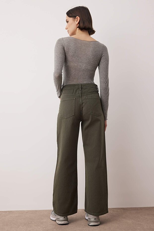 Haki Yüksek Bel Bilek Boy Culotte %100 Pamuklu Jeans TWOAW26JE00190 - 4