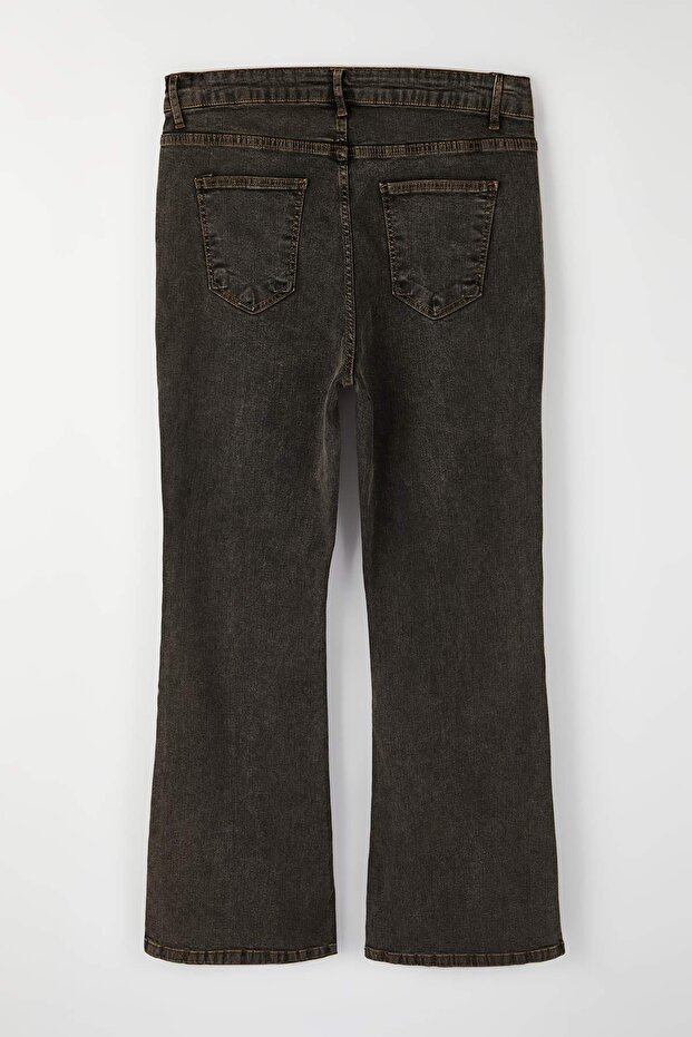 Özel Koleksiyon Kahverengi Yüksek Bel Nervürlü İspanyol Paça Büyük Beden Flare Jeans TBBAW26CJ00013 - 8