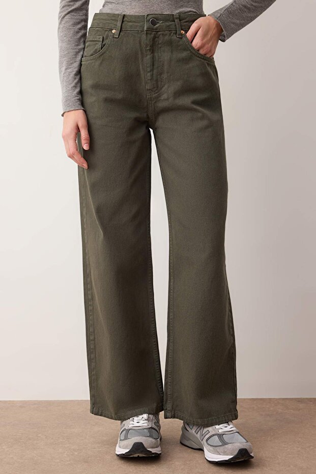 Haki Yüksek Bel Bilek Boy Culotte %100 Pamuklu Jeans TWOAW26JE00190 - 3