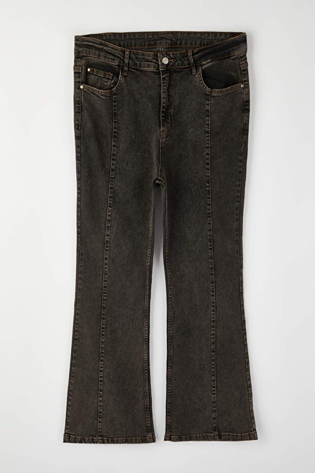 Özel Koleksiyon Kahverengi Yüksek Bel Nervürlü İspanyol Paça Büyük Beden Flare Jeans TBBAW26CJ00013 - 5