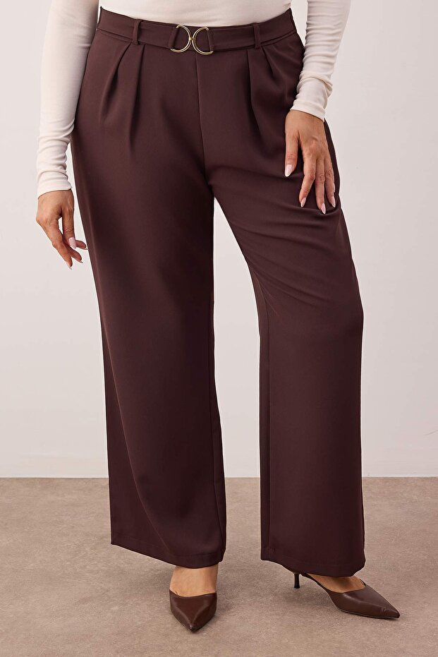 Premium Kahverengi Gold Toka Detaylı Wide Leg Büyük Beden Pantolon TBBAW26AR00030 - 3