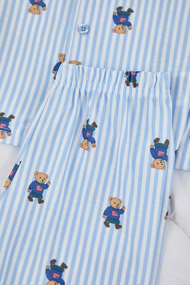 Mavi Yumuşak Dokulu Unisex Çocuk Desenli Gömlek Yaka Regular Örme Pijama Takımı TKDAW26PT00017 - 3
