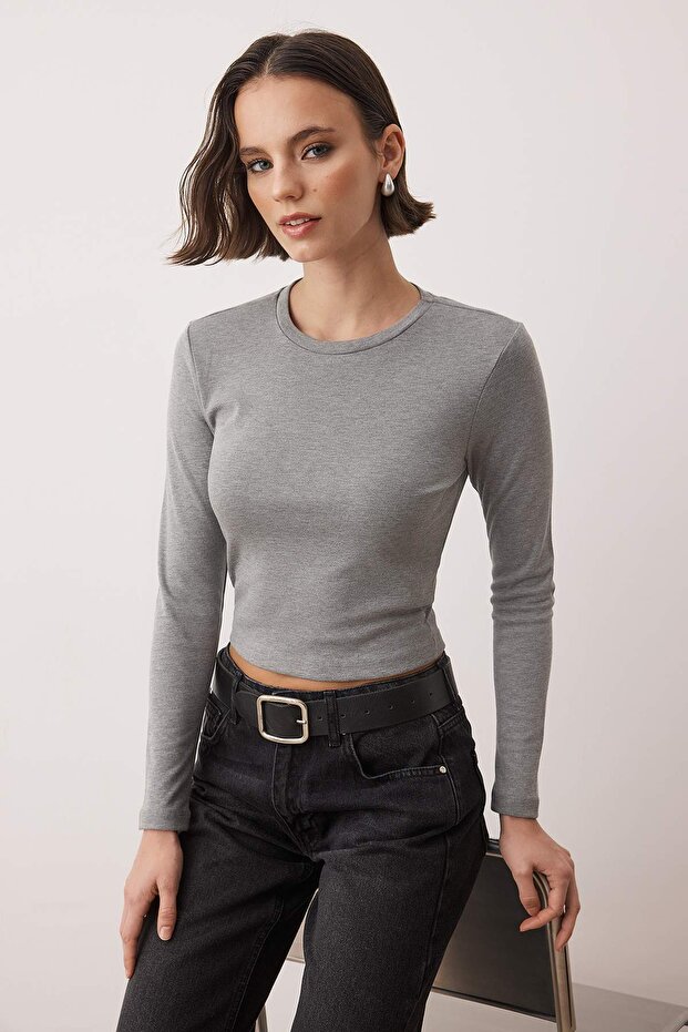 Gri Melanj Viskon Bisiklet Yaka Crop Esnek Örme Bluz TWOAW24BZ00116 - 1