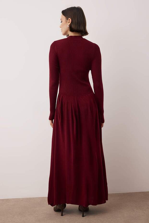 Bordo Dik Yaka Triko Elbise TCTAW26EB00048 - 4
