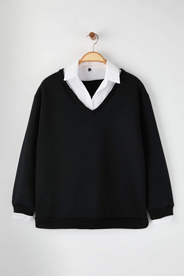 Siyah Yakası Gömlek Detaylı İçi Polarlı Büyük Beden Sweatshirt TBBAW26AO00049 - 2