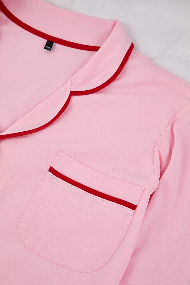 Pembe Biye Detaylı Gömlek Yaka Örme Pijama Takımı TBBAW26AI00032 - 5