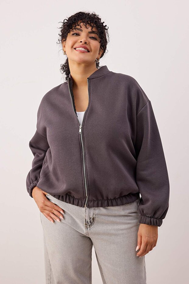 Antrasit Bomber Yaka Oversize/Geniş Kalıp Önü Fermuarlı Büyük Beden Sweatshirt TBBAW26AO00038 - 1