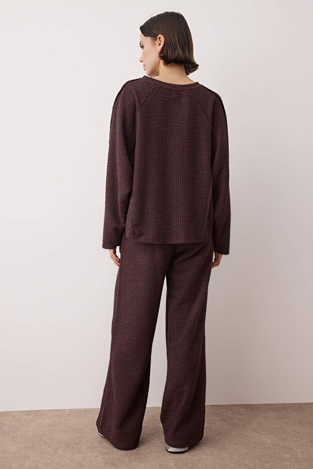Kahverengi Dokulu Oversize/Geniş Kalıp Esnek Örme Alt - Üst Takım TWOAW26AU00134 - 4