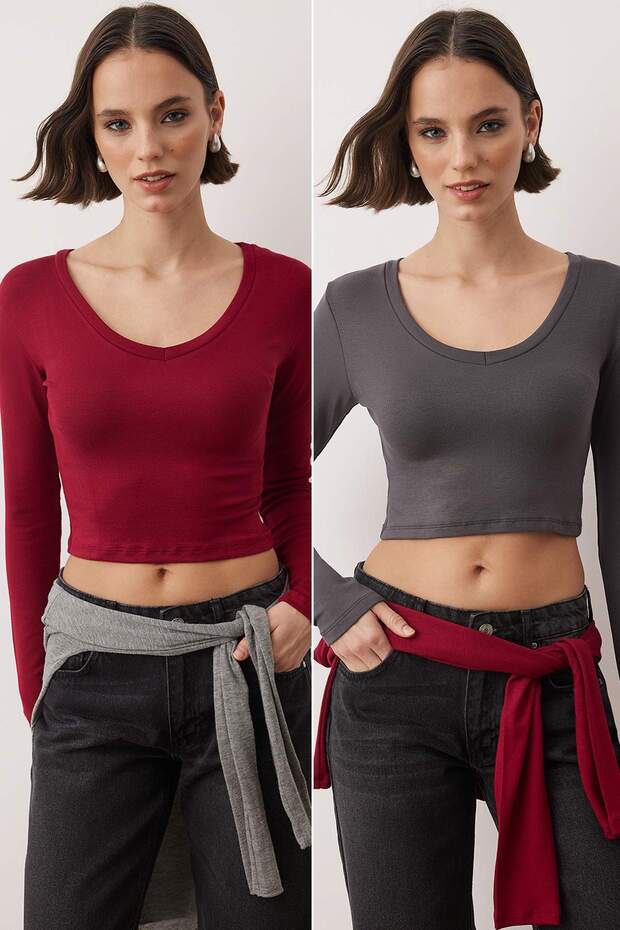 Anthracite-Burgundy 2-Pack Super Crop Fitted/Premium Soft Knitted Blouse Twoaw25Bz00306